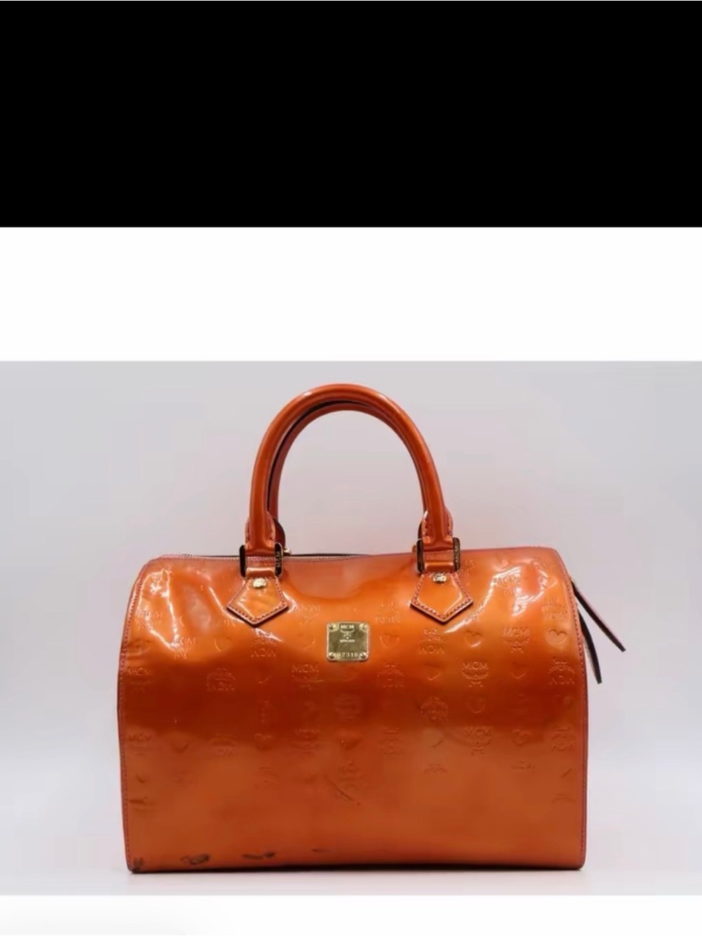 MCM Orange Patent Leather Satchel with Gold Hardware